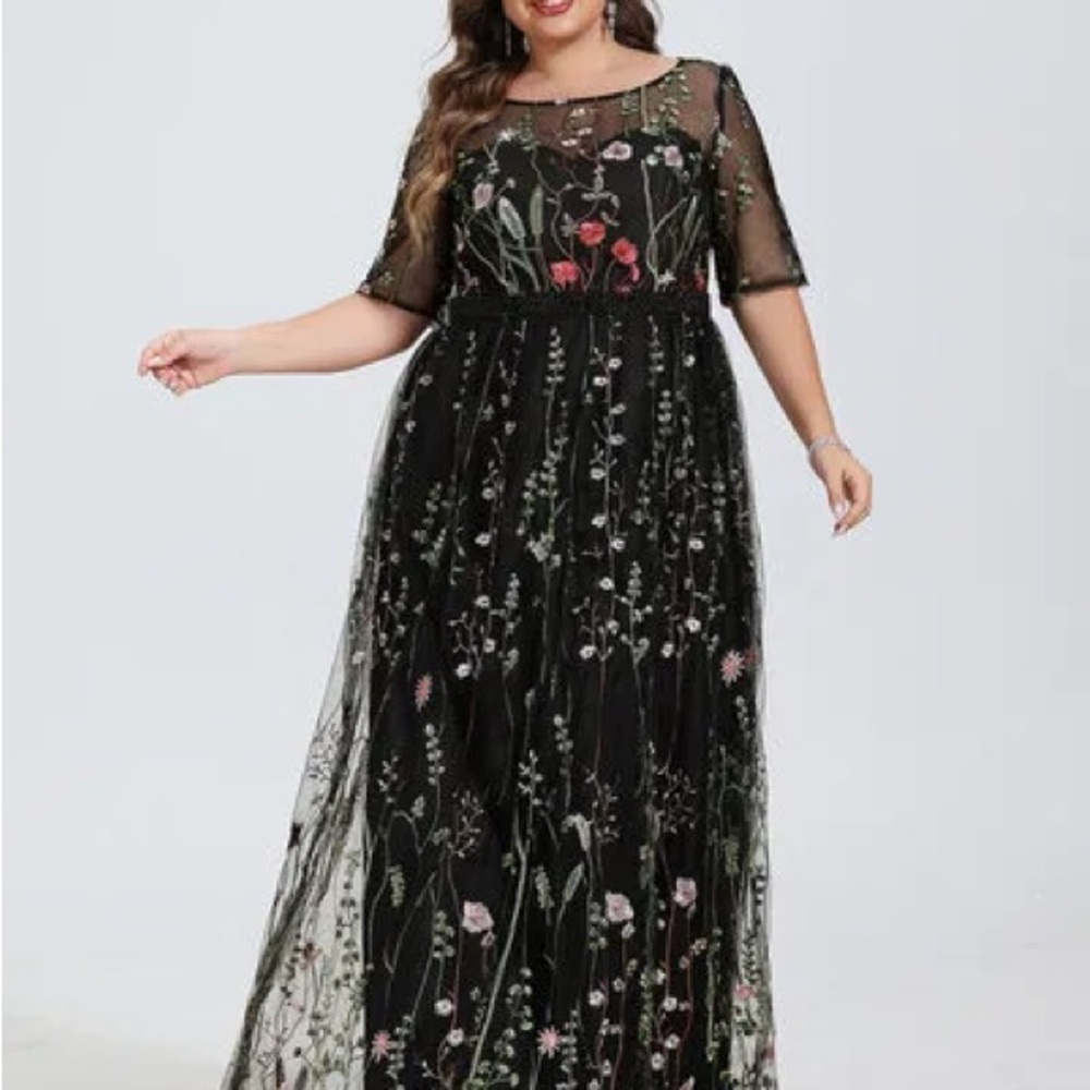 JJs House Black Mesh Maxi Dress with Floral Embroidery